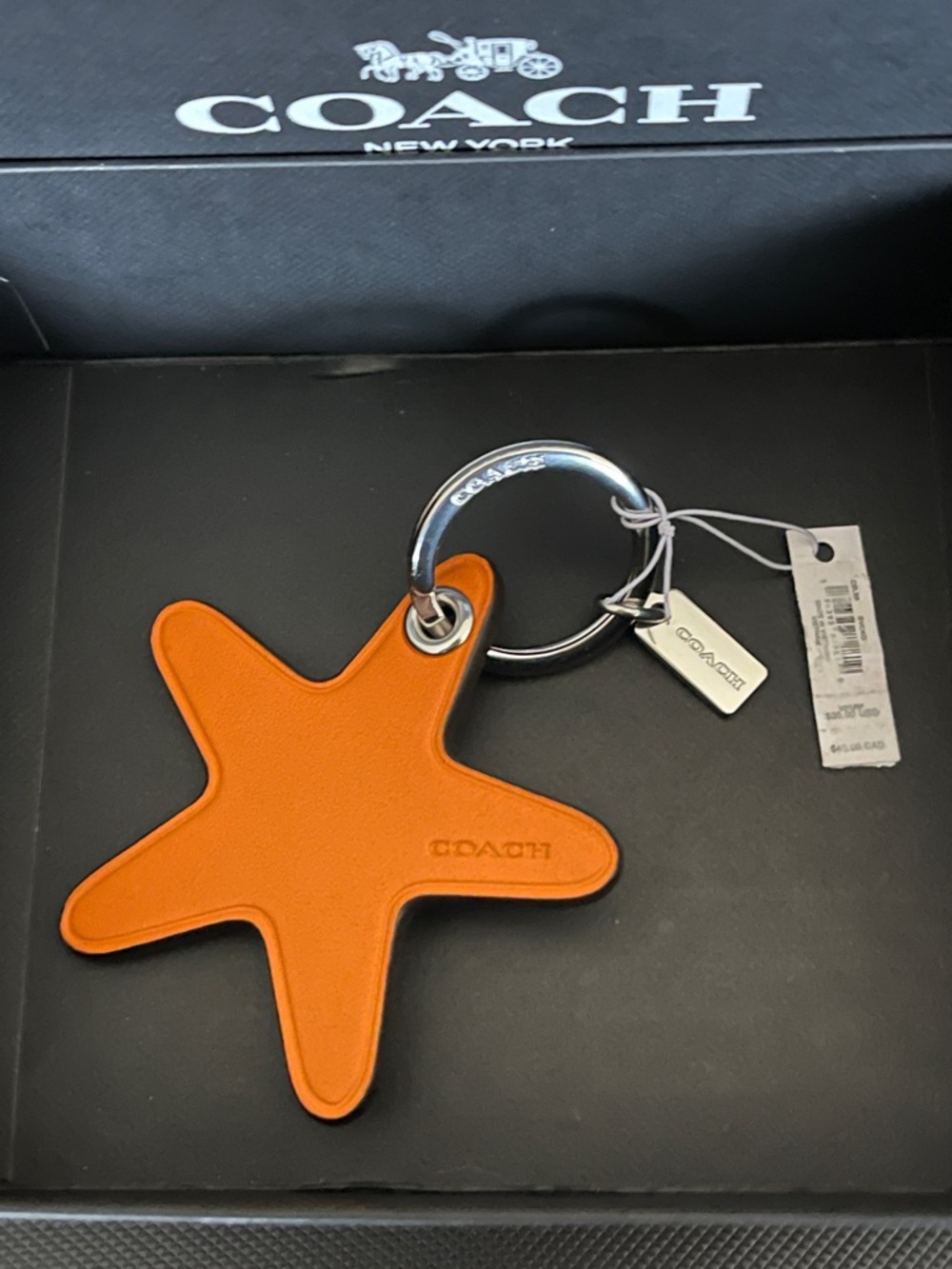 NWT Coach Orange Star Leather Key Fob with Branded Metal Ring